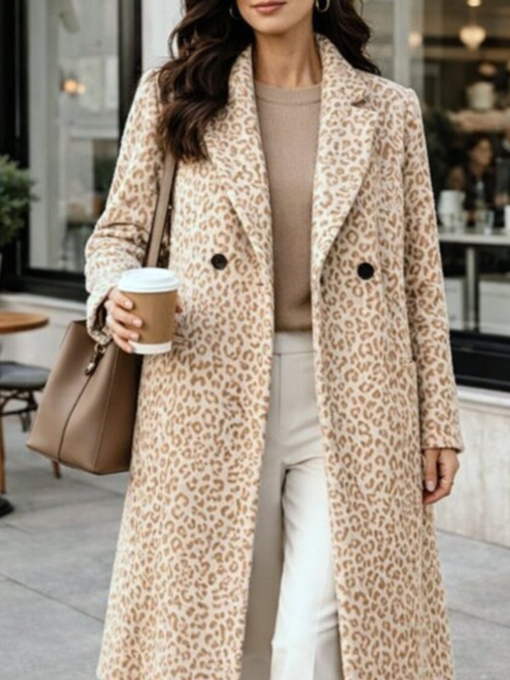 Nine West Leopard Print Long Coat NWT L Cream Tan Double Breasted Spring